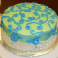 Scrolls Hummingbird cake covered with mint green buttercream and royal blue scrolls.