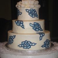 Embroidered English Roses In Navy Scratch cakes, all buttercream. English rose press template, brush embroidery technique. Fondant bow.