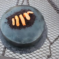 Zombie Hand Rootbeer cake with bavarian cream filling (going for rootbeer float taste). Covered with buttercream. Fingers are starbursts - meant to be...