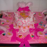 Tweety Cake light pink genosa cake, with raspberry mousse, fresh raspberries and fruit coulisbuttercream on topfondant accentsvery girlish cake...