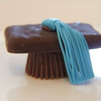 Graduation Cap Reeses cup topped with chocolate covered graham cracker. Stuck together with chocolate frosting out of the can. Pushed fondant through a...
