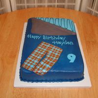 Sleeping Bag Cake was made to look like little boy's sleeping bag and pj's. 1/4 sheet vanilla, BC, with FBCT pj's. TFL