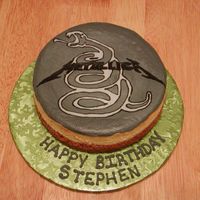 Metallica This was done for my son's birthday. He is not a fan of cake (which is the CRAZIEST thing ever). 10" Cheesecake with FBCT on top...
