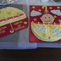 Umbrella's 16" cake cut in 1/2. Clouds, baby face, stars & handles are cookies. Inspired from Wilton 2006 Yearbook.