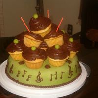 Mom's Birthday Cake I made this cake for my mothers birthday. The bottom is a 10 inch round covered with fondant. The cupcakes have a chocolate buttercream...