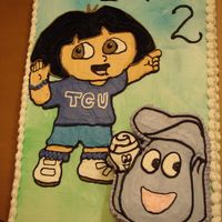 Dora And Backpack Cake was for a friend. Her son LOVES Dora and her family LOVES TCU. So I made Dora a sporty girl after I pattern transfered her onto cake....