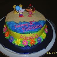 Dora On The Beach Made this for my daughters 2nd BDay. It was late when I fianlly got to it so it was a little messy. The flowers are royal icing.