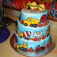 Construction Theme Birthday Cake This was for my nephew's 3rd b-day. I made all the trucks, signs and cones out of colorflow. Rocks are fondant. Tiers are white bc...