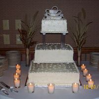 1St Paid Wedding Cake French Vanilla Cake with Rsp Filling and Buttercream Frosting. I see now that my bottom tier had a slight dip in the right corner...but am...