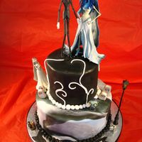Corpse Bride Halloween Cake Fondant covered cake, gumpaste graves, royal icing spider web on right can't really see, toy figures. For a girl named Callie who...