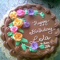 Chocolate Birthday Chocolate cake iced with chocolate whipped cream decorated with royal icing flowers.