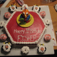 Barnyard Bash This is the cake I made for my son's first birthday. He loved the rooster from Baby Einstein videos, so I used the 3D mini bear pan...
