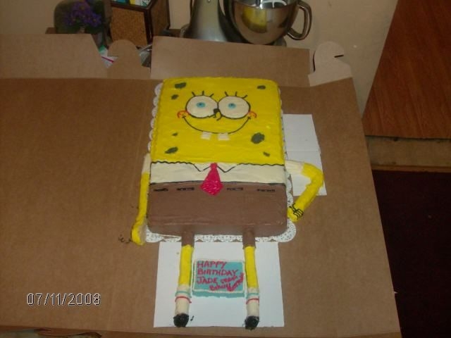 Spongebob I made this for a friend's daughter's 2nd birthday. The arms and legs are rice krispie treats.