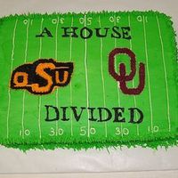Ou / Osu Football House Divided Choc cake with buttercream icing. Groom was OU fan & the Bride was OSU.