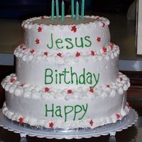 Happy Birthday Jesus 3 tiered cake for church Christmas program. Top and bottom tiers are french vanilla, the middle tier is chocolate. They ordered it with the...