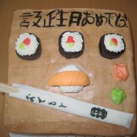 Sushi.jpg Cake with covered in fondant, with fondant sushi, and chop sticks. It says Happy Birthday in Japanese.