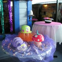 Mad Tea Party A debutante had an usual party. So here is what we came up with. The cat is orange creamsicle cake, the mushroom cap is the cake part (choc...