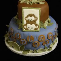 Monkey Baby Shower 2 tier baby shower cake. Mom wanted her nursery colors and monkeys. Bottom tier says "Welcome Jonathan" although it is hard to...