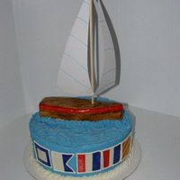 Sailboat Birthday Cake Yellow Amaretto cake with milk chocolate ganache filling. Covered with BC with MMF accents. The sails are paper b/c my fondant ones were...