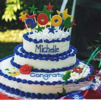 Graduation Cake A surprise graduation cake for my cousin. I was going for a whimsical theme. The bottom layer is chocolate cake, the middle layer is yellow...