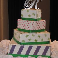 Square Wedding This is done in buttercream with fondant accents. The green squares are gelatin sheets that have been airbrushed.