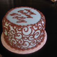 Blue Fondant With Scrollwork2 Side view of 6" cake - blue fondant with chocolate scrollwork