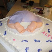 124491328110107.jpg Baby butt was vanilla/rasp filled. Covered in white rolled buttercream. Blanket is fondant. Feet are RKT with fondant. Legs fondant. Sheet...
