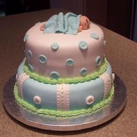 Sleepy Baby Fondant covered cake - fondant accents including baby on top. Thanks to many different pictures on this website for your host of ideas!!