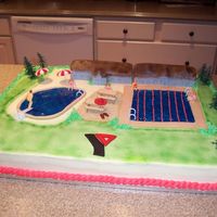 Ymca Pool Grand Opening French vanilla cake with BC icing - rice krispy houses covered in fondant - Wilton shimmer gel for the water effect - made this for our...