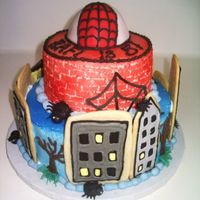 Spiderman Cake BC and royal icing spiders and webs, sugar cookie buildings. I originally wasn't going for a whimsical look, but that's the way...
