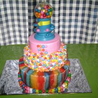 Bubblegum Fun All buttercream with bubblegum border around the bottom layer & bubblegum machine on top.