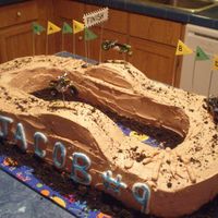 Dirt Bike I used a sheet pa cake and cut it into 4 strips, 2 on each side and a round cake shaped for the ends. All chocolate cake with chocolate...