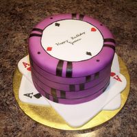 Poker Chips With Aces This is a 3 layer cake covered with fondant and airbrushed to look like a stack of poker chips with a pair of aces.