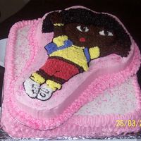 Dora The bottom cake is a 12x12 french vanilla cake, and Dora is Strawberry swirl. The icing is bc, and the skintone is Wilton chocolate (brown...