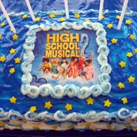 High School Musical 9x13 cake decorated with buttercream and blue sparkle gel. The picture is the laminated CD cover.