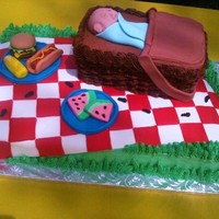 Babyq Shower Cake BBQ Baby Shower themed cake. French vanilla cake with vanilla icing and chocolate filling. Basket is chocolate cake and chocolate icing....