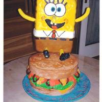 Sponge Bob This cake was for my son's birthday. Sponge Bob was made of rice crispy treats and the burger is cake.