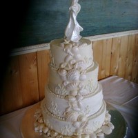 Elegant Summer Shell Cake chocolate cake w/BC frosting and hand made white choc shells painted with pearl dust.Fondant pearls border.