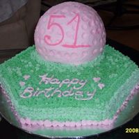 Pink Golf Ball Cake Ball pan on top of a hex pan. All iced in BC...dissapointed that I coulnd't find my grass tip so had to make due with a star tip.....