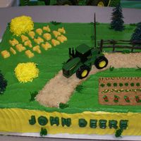 John Deere Two layer half-sheet yellow cake with Buttercream icing and chocolate candy mold letters. First cake I ever decorated.