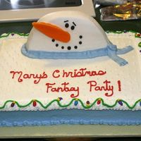 Snowman Christmas Made for a friend who loves to have fantasy parties. Butter cream frosting. Snowman is a half a round cake with a sugar cookie nose.
