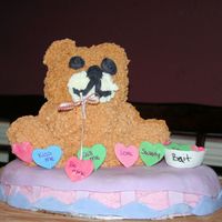 Be Mine Bear Stand up bear with Vanilla cake and Buttercream frosting. The dock id a chocolate cake with buttercream frosting and fondant.
