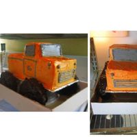 Orange Lifted Truck Vanilla cake loaf and mini pan. Layered with chocolate ganache. Tires are made out of rice crispy treats and dipped in dark chocolate....