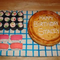Sushi Birthday Cake I made this cake for my soon to be SIL. Sushi pieces are red velvet with fondant and BC accents. Inspired by Elissa Strauss' The...