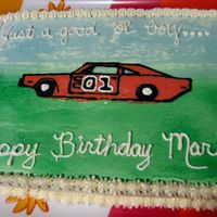 Dukes Of Hazzard Icing is Italian Meringue Buttercream, with a chocolate transfer for the General Lee. This is my first decorated cake attempt....and my...
