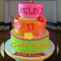 Lindsey's Luau three tier, butter cake with buttercream icing. BC grass skirt done with the grass tip of course.........i use it way to much. name cut...