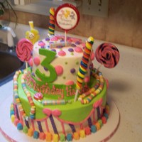 Hannah's Candy strawberry with cream cheese filling and buttercream icing. fondant accents and real candy to decorate cake. inspired by many candy cakes...