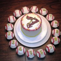 Cardinals Baseball FBCT on top of the cake. Free-hand piping of numbers on cupcakes.