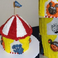 Circus Tent Made for the raffle for my church's preschool fundraiser. Red velvet with cream cheese filling. Used 1/2 filled wonder mold for top...