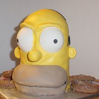 Homer Simpson Chocolate Pound cake covered in MMF gum paste eyes and Marzipan mouth. This cake was very difficult for me but I think it turned out okay...